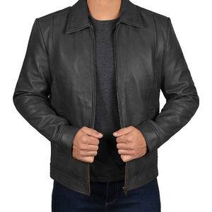 Chaqueta de cuero genuino de ajuste regular de longitud completa para hombre de alta calidad Chaqueta de cuero con cuello vuelto gris - Product Image 1