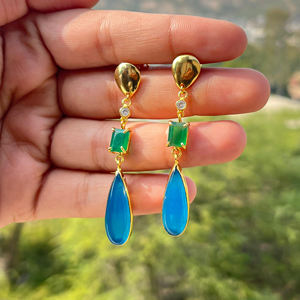 Best selling 18k gold plated brass wholesale jewelry green <b>onyx</b> baguette blue chalcedony pear <b>earring</b> for gift jewelry - Product Image 4