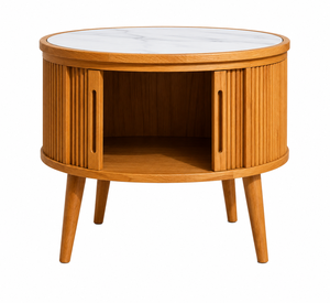 Scandinavian Round Coffee <b>Table</b> with Marble <b>Top</b>, <b>Solid</b> Ash <b>Wood</b> Tambour Storage Design for Living Room - Product Image 2