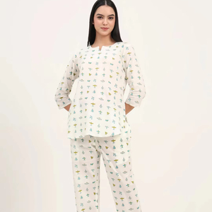 ชุด2ชิ้นผ้าฝ้าย100% ทำด้วยมือพิมพ์ลายดอกไม้แนววินเทจยาวถึงข้อเท้าสำหรับผู้หญิงฤดูร้อน - Product Image 1