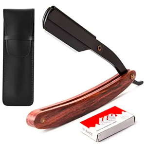 Depilación corporal profesional, maquinilla de afeitar de borde recto de acero inoxidable con mango de madera, aplicación de polvo para barberos - Product Image 2