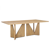 Table à manger en bois de manguier massif, finition texturée sablée naturelle, forme rectangulaire, trois pieds triangulaires géométriques, chaud et froid
