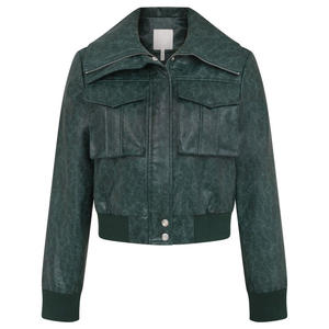 เสื้อแจ็คเก็ตหนังแท้คลาสสิกสําหรับผู้หญิง ฝาปิดซิปด้านหน้าพร้อมแผ่นรองพุกพายุข้อมือยางและขอบ - Product Image 2