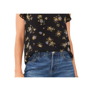 Top in chiffon scollo a V con maniche a volant, stampa floreale stile coreano, taglia unica, vestibilità ampia, per ufficio, formale, vintage, da giardino, taglia XS - Product Image 3