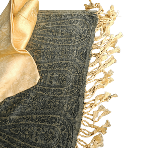 Chal Reversible de Paisley Kashmiri en Verde Oliva y Amarillo Mostaza, Diseño Floral Bordado Étnico de Invierno, Encaje Sólido, Suave Cachemira y Seda Digital - Product Image 4
