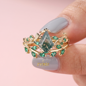 Anillo de compromiso de lujo con ágata musgosa tallada en forma de cometa, oro macizo de 18K, diseño de hoja de esmeralda y guirnalda, joyería fina inspirada en la naturaleza - Product Image 5