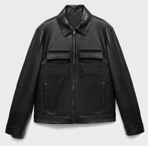 เสื้อแจ็คเก็ตหนังแท้สีดำสำหรับผู้ชาย คอตั้ง ซิปหน้า หนังแกะแท้ สไตล์ลำลอง เป็นมิตรกับสิ่งแวดล้อม แบบบอมเบอร์ - Product Image 2