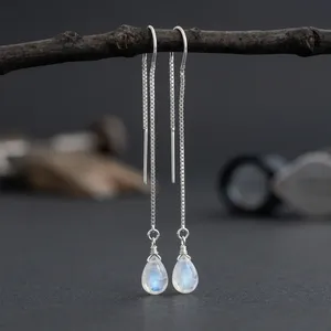 Pendientes de Piedra Lunar Arcoíris con Cadena, Hechos a Mano, Plata de Ley 925 Bañada en Oro, Piedra de Nacimiento de Junio, Colección Verano - Product Image 2