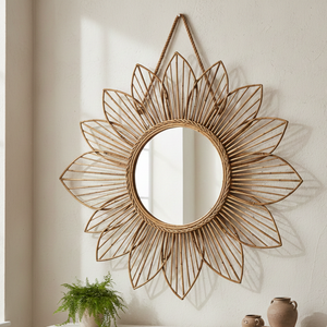 ECONA Bohemian Rattan <b>Round</b> Handmade Flower Lightweight Durable Eco-Friendly Framed Decorative <b>Wall</b> <b>Mirror</b> - Product Image 1
