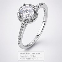 Bague en argent sterling S925 avec moissanite, pavé halo et sertissage clos rond, bijoux pour femme pour fiançailles et soirées