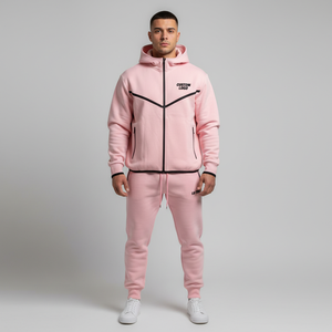 Ensemble de survêtement en tissu technique lourd personnalisé, rose, sweat à capuche zippé, jogging, deux pièces, vêtements de sport de rue, vente en gros - Product Image 2