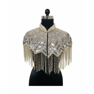 Premium Ellora Sequin Bead Embroidered Nylon Fabric Cape for Formal Fashion High-End Beaded Bolero <b>Tassel</b> <b>Fringe</b> Bridal Events - Product Image 1