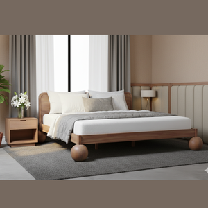 Lit Aballo en teck massif de style nordique moderne, pieds boule, design français de luxe, finition couleur naturelle, tailles Queen pour la maison et l'hôtel - Product Image 4