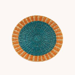Napperons en jonc de mer tissés à la main, ronds, motif bleu et orange, décoration rustique et côtière pour table à manger, fibre naturelle - Product Image 1