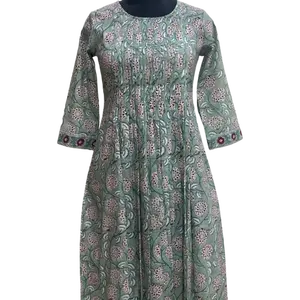 New Laurel Green Mahogany Red Indian Block Print Long Kurti With Pockets Indian Bridesmaids Dress Pleated Top Summer Dress