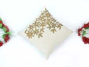 Mandala Beaded Cushion with Teal & Floral Embroidered Cushion with Beige Base Brown & <b>Gold</b> Threadwork Handcrafted Decorative - Product Image 4