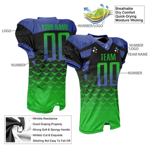 Ensemble d'uniformes de football américain personnalisé, maillot et pantalon, noir, vert, bleu, dégradé, sublimé, tenue d'équipe, vêtements de sport personnalisés - Product Image 6