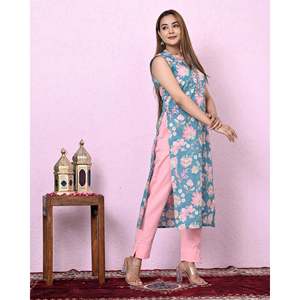 Kurta Recta de Algodón con Estampado Floral Azul para Mujer, Cuello Mandarín, Transpirable, con Aberturas, Talla XS/Talla Única para el Día - Product Image 4