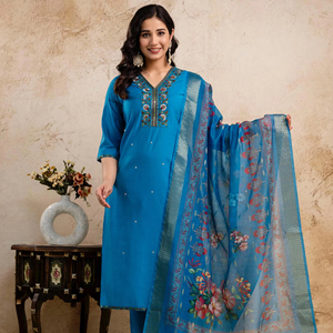 Nouveauté, ensemble de Kurta de travail Chanderi Zari fait à la main avec Dupatta pour mariage, vêtements ethniques indiens - Product Image 1
