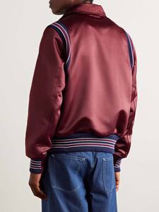 Chaqueta de béisbol bordada personalizada 2025, chaqueta universitaria de satén Borgoña de alta calidad con ribete de mezcla de algodón a rayas, la mejor calidad - Product Image 2