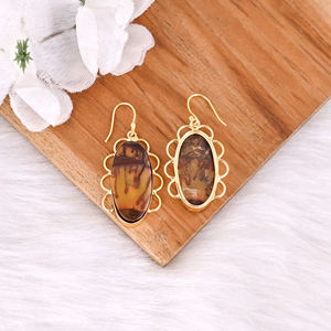 Pendientes Colgantes de Latón Antiguo para Mujer, Pendientes de Piedra Preciosa de Jaspe Malinga, Pendientes Hechos a Mano de Latón de Alta Calidad, Pedido al por Mayor - Product Image 4