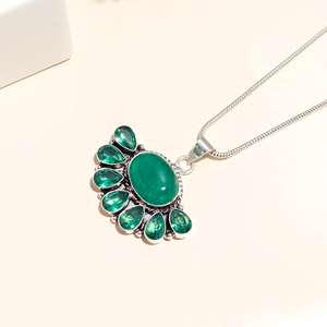 925 Sterling <b>Silver</b> Green Onyx Green Apatite Gemstone Link Chain Necklace 18 Inch Long Women's Party Jewelry - Product Image 1