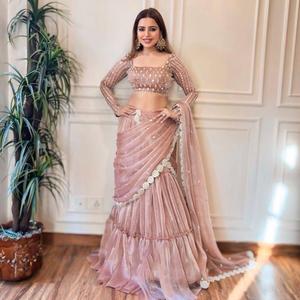 Neuer Designer exklusivster Twill Organza Faden mit Sequenz Stickerei Arbeit Lehenga <span class=keywords><strong>Saree</strong></span> Rüschen drapiert <span class=keywords><strong>Saree</strong></span> für Frauen - Product Image 2