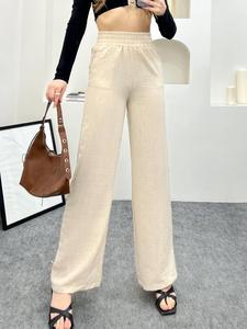 Pantalones Palazzo de mujer de cintura alta negros personalizados-Primavera Verano moda Casual estilo suelto pantalones de pierna ancha Cierre de cintura elástica - Product Image 4