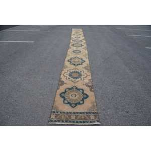 Classic Beige Blue Floral Vintage Turkish <b>Large</b> Area <b>Rug</b> 2.4 X 25.6 ft Wool Material Latex Patchwork for <b>Living</b> <b>Room</b> Hallway for - Product Image 1