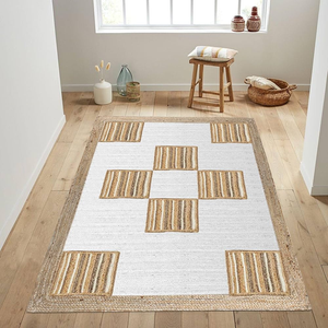 Alfombra rectangular trenzada a mano de yute con un patrón de diamante geométrico blanco, revestimiento de suelo natural, a precios mayoristas. - Product Image 2