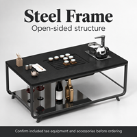 Table à thé moderne avec plateau en pierre, structure en acier, unité de thé à induction et étagère inférieure courte pour la réception de bureau et les espaces de détente
