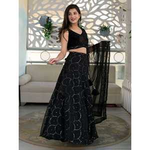Impresionante Vestido de Gala Negro con Bordado en Organza, Estilo Línea A, Lehenga Choli para Invitadas de Boda, para Fiestas Formales, Largo hasta el Suelo, Cintura Imperio - Product Image 4