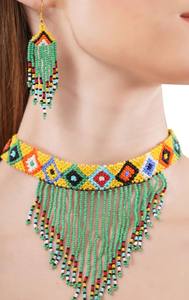 Handmade <b>Green</b> <b>Beaded</b> Fringe <b>Necklace</b> and Earring Set - Product Image 2