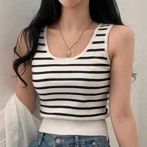 <b>Women's</b> <b>White</b> and Black Striped Ribbed Sleeveless Knit <b>Tank</b> <b>Top</b> for Summer - Product Image 1