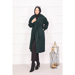 Abrigo Verde Esmeralda con Patrón de Espiga para Mujer, Abrigo de Invierno a la Moda, Forro de Nailon, Capucha de Lana, Cierre de Cremallera, Talla XS, Tweed Tejido, Casual - Product Image 4