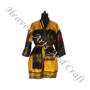 KS002 Bohemian Silk Vintage Sari Kimono Short Robe - Summer Beach Wear Bikini Silk Cover Up-Venta al por mayor Silk Sari Vintage Sari - Product Image 5