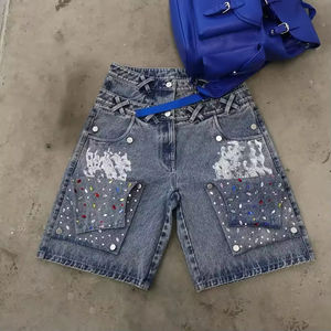 กางเกงยีนส์ขาสั้นคาร์โก้ผู้ชายแบบมีเพชรประดับเอวสองชั้น  รับผลิตแบบ OEM ODM พร้อมสกรีนโลโก้ตามสั่ง - Product Image 2