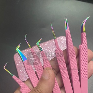 Baby Pink Rainbow Tip Stainless Steel Private Label Eyelash Extension <b>Tweezers</b> Non Fiber tip Lash Extensions <b>Tweezers</b> - Product Image 2