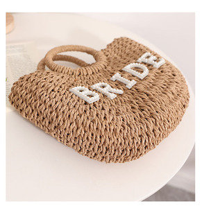 Custom Embellished Pearl Initial <b>Straw</b> Beach Tote Bag with Canvas Lining Open Top Durable & Portable for <b>Bride</b> Wedding - Product Image 5