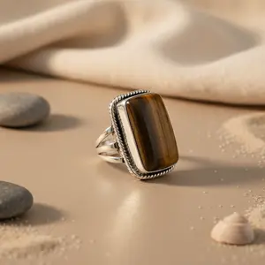 Anillo de Plata 925 con Ojo de Tigre para Mujer, Banda con Gema Rectangular, Estilo Reloj - Product Image 3