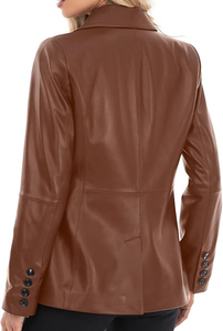 Blazer pour femme, coupe ajustée, long, d'hiver, en véritable peau d'agneau, double boutonnage, coupe-vent, respirant, motif uni, décoration boutonnée, noir - Product Image 2