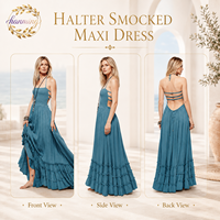Robe longue pour femme, style bohème sans bretelles au dos et col à volants, robe d'été pour la plage et les stations balnéaires