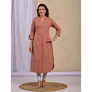Pink Stripes Printed Straight <b>Kurti</b> for Girls Ladies Traditional Modern Elegant Indian Ethnic Summer Suit Embroidered Reyon Long - Product Image 4