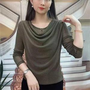 Hauts plissés décontractés à manches longues pour femmes, couleur unie, t-shirts fins avec bas en fil de maille, vêtements de bureau ajustés, pour l'automne et le printemps - Product Image 5