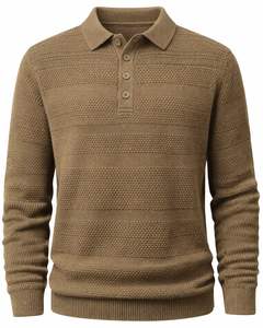 Pull Polo Homme Personnalisé à Texture Horizontale en Tricot, Manches Longues, Col Boutonné, Décontracté, Hiver, en Brun Camel, Vente en Gros - Product Image 1