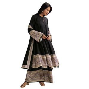 Conjunto de Anarkali con borde impreso negro con Palazzo y Dupatta, venta al por mayor de Ropa Étnica para mujer, fábrica de ropa OEM, proveedor a granel - Product Image 1