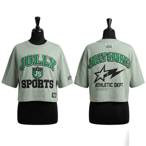 Women <b>Crop</b> <b>Top</b> T Shirt Cotton Fabric Lightweight Soft Feel <b>Green</b> Screen Print Custom Logo Loose Fit Breathable <b>Crop</b> <b>Top</b> T Shirt - Product Image 1