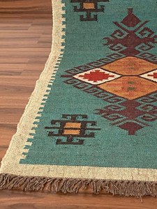 Alfombra de corredor Kilim de yute de lana tejida a mano patrón geométrico indio tradicional Color personalizable lavable rústico hogar sala de estar - Product Image 6