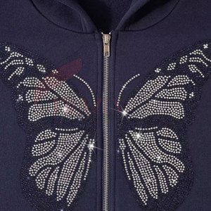 Hecho en el mejor Material Casual Cremallera Rhinestone Sudaderas con capucha Algodón Mezclado Manga larga Ropa de calle Sudaderas con capucha de invierno de moda - Product Image 2