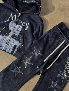 Conjunto Deportivo Personalizado para Hombre, Estilo Vintage Americano, con Remaches, Pedrería y Perlas, Ropa Urbana Esencial, Tejido Grueso, 100% Algodón Transpirable - Product Image 5